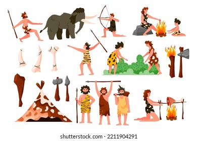 Primitive Caveman. Stone Age. Animal Hunters. Neolithic Cave People Tools. Primeval Children. Women Cooking On Fire. Men Hunting Mammoths. Bone Weapon. Vector Cartoon Paleolithic Set