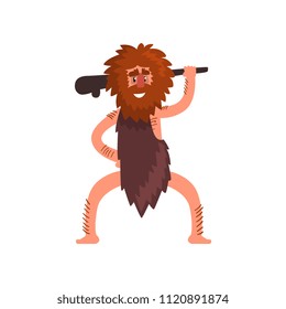 Primitive caveman with wooden club, stone age prehistoric man character cartoon vector Illustration on a white background