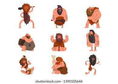 Primitive cavemen set, stone age prehistoric man cartoon character vector Illustrations on a white background