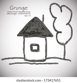 Primitive child's drawing, a house and a tree