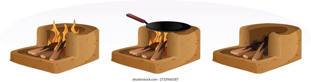 Juego de estufa de barro de arcilla primitiva con fuego de leña ardiente, sartén en la parte superior y cenizas para la ilustración de cocina tradicional