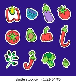 Primitive color doodle illustration stickers from vegetables for book design, menu in the restaurant, room design.n, home decor, textiles, wallpaper and posters.