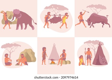 Primitive composition set with flat square compositions of ancient human characters with tent and mammoth hunt vector illustration