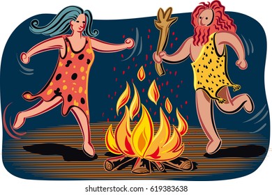 primitive couple dancing around the fire.