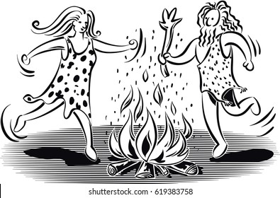 primitive couple dancing around the fire.