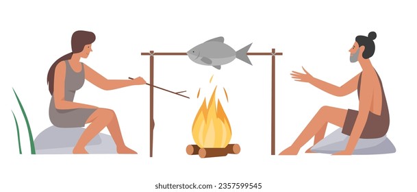 Primitive couple roasting fish. Stone old age dinner, ancient people lifestyle vector illustration