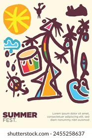 primitive dreadlock playing percussion athe beach on the summer sun. abstract prehistoric images reggae festival template poster vector illustration.