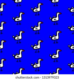 Primitive ducks hand drawn seamless pattern with blue font
