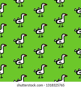 Primitive ducks hand drawn seamless pattern with green font
