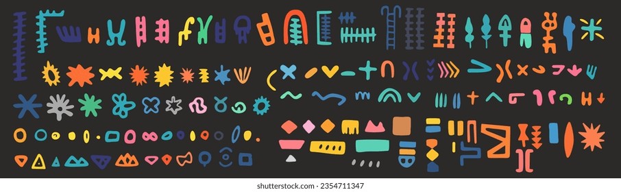 Primitive elements. Colorful organic shape doodle collection. Funny basic shapes, random childish doodle cutouts. Hand and decorative abstract art on isolated background.