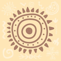 Primitive Ethnic Ornament, Petroglyph. Sign, Symbol Sun. Ancient Patterns. Spiral Drawings Of An Ancient Tribe, Stone Age. Design Element For Textiles, Paper, Fabrics, Postcards. Vector Illustration