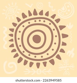 Primitive ethnic ornament, petroglyph. Sign, symbol sun. Ancient patterns. Spiral drawings of an ancient tribe, Stone Age. Design element for textiles, paper, fabrics, postcards. Vector illustration