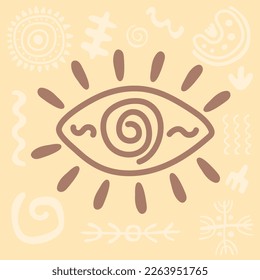 Primitive ethnic ornament, petroglyph. Sign, symbol human eye. Ancient patterns. Spiral drawings of an ancient tribe, stone age. Design element for textiles, paper, fabrics. Vector illustration