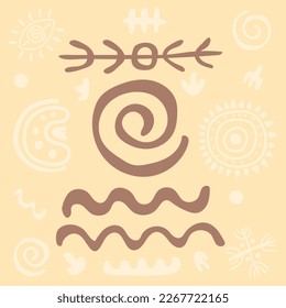 Primitive ethnic ornament, petroglyph. Sign, spirals, wavy lines, zigzags, arrows. Ancient patterns. Spiral drawings of ancient tribe, stone age. For print, textiles, fabrics. Vector illustration