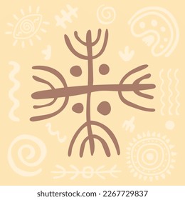 Primitive ethnic ornament, petroglyph. Symbol, cross Icon. Ancient patterns. Drawings of ancient tribe, stone age. Prehistoric art of cavemen. For print, textiles, fabrics. Vector illustration