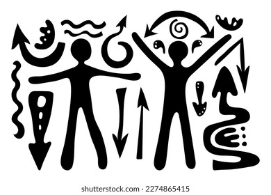Primitive ethnic petroglyphs. Big set drawing of person, human figure, arrows, lines, spirals. Ancient tribe, Stone Age. Design element for textiles, paper, fabrics, postcard. Vector illustration