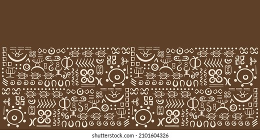 Primitive ethnic symbols, ritual signs. Hand drawn Horizontal border.  Adinkra Vector illustration