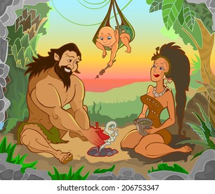 primitive family before dinner.father obtains fire, the whole family is waiting 