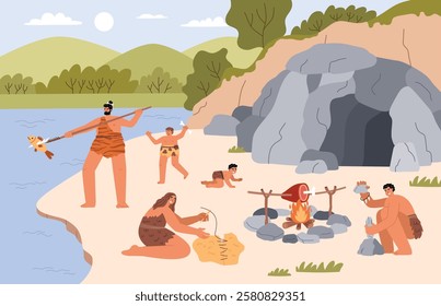 Primitive family everyday life. Stone age people, household chores, cave characters, adults and kids in animal skins, vector illustration