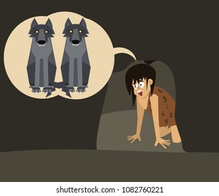 primitive fear, boy at cave imagines  wolves, vector cartoon illustration in flat style