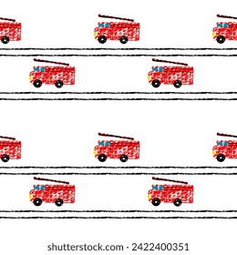 Primitive fire cars in kids style.  Fire truck seamless pattern. Simple kids illustration hand drawn by crayola or pencils