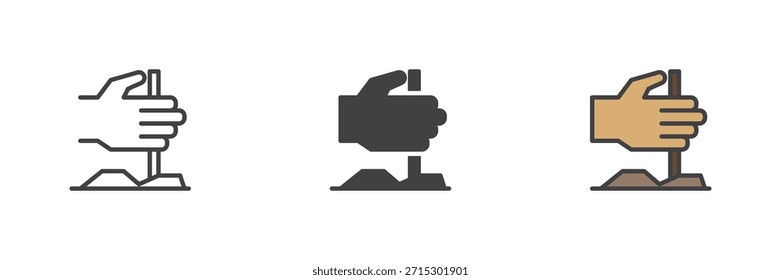 Conjunto de iconos de encendido de fuego primitivo con líneas, estilos de colores de contorno sólido y lleno. La piedra enciende el símbolo y el ícono del Vector, ilustración en color de la tecnología prehistórica.