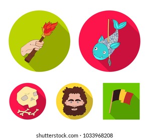 Primitive, fish, spear, torch .Stone age set collection icons in flat style vector symbol stock illustration web.