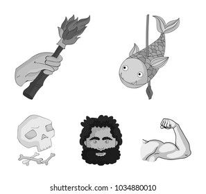 Primitive, fish, spear, torch .Stone age set collection icons in monochrome style vector symbol stock illustration web.