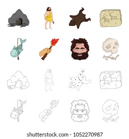 Primitive, fish, spear, torch .Stone age set collection icons in cartoon,outline style vector symbol stock illustration web.