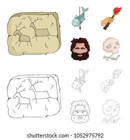 Primitive, fish, spear, torch .Stone age set collection icons in cartoon,outline style vector symbol stock illustration web.