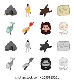 Primitive, fish, spear, torch .Stone age set collection icons in cartoon,monochrome style vector symbol stock illustration web.