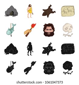 Primitive, fish, spear, torch .Stone age set collection icons in black,cartoon style vector symbol stock illustration web.