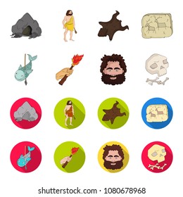 Primitive, fish, spear, torch .Stone age set collection icons in cartoon,flat style vector symbol stock illustration web.