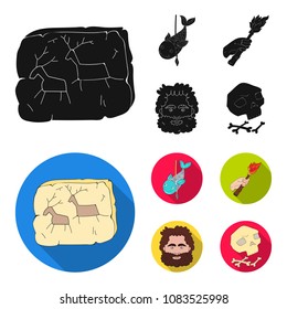 Primitive, fish, spear, torch .Stone age set collection icons in black, flat style vector symbol stock illustration web.