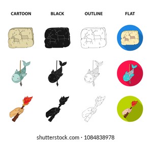 Primitive, fish, spear, torch .Stone age set collection icons in cartoon,black,outline,flat style vector symbol stock illustration web.