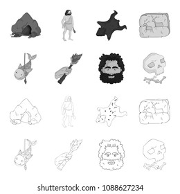 Primitive, fish, spear, torch .Stone age set collection icons in outline,monochrome style vector symbol stock illustration web.