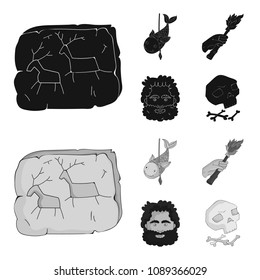 Primitive, fish, spear, torch .Stone age set collection icons in black,monochrom style vector symbol stock illustration web.