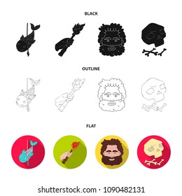 Primitive, fish, spear, torch .Stone age set collection icons in black,flat,outline style vector symbol stock illustration web.