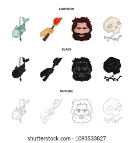 Primitive, fish, spear, torch .Stone age set collection icons in cartoon,black,outline style vector symbol stock illustration web.