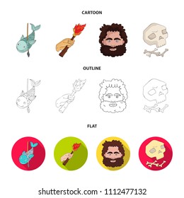 Primitive, fish, spear, torch .Stone age set collection icons in cartoon,outline,flat style vector symbol stock illustration web.