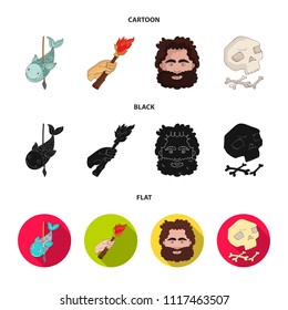 Primitive, fish, spear, torch .Stone age set collection icons in cartoon,black,flat style vector symbol stock illustration web.