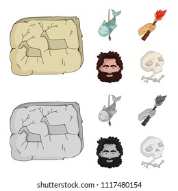 Primitive, fish, spear, torch .Stone age set collection icons in cartoon,monochrome style vector symbol stock illustration web.