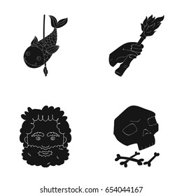 Primitive, fish, spear, torch .Stone age set collection icons in black style vector symbol stock illustration web.