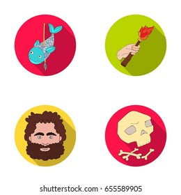 Primitive, fish, spear, torch .Stone age set collection icons in flat style vector symbol stock illustration web.