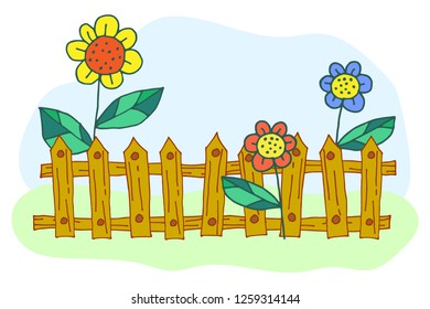 Primitive, flat, red and yellow flowers with leaves, wooden brown fence-vector color illustration in Doodle style