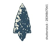 Primitive flint arrowhead drawing featuring distressed details. Great for archaeological projects, hunting club graphics, native american cultural themes, and classic stone age historical art.