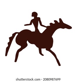 Primitive galloping horseman. Rock painting style. Vector hand drawn illustration isolated on white background. Image of cave people everyday life. Art element, icon for logo design.