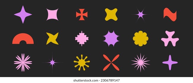 Primitive geometric forms collection. Abstract stars, flowers, sunbursts shapes set in Swiss, bauhaus or Memphis style. Brutalist elements pack for poster, banner, collage. Vector signs bundle. 