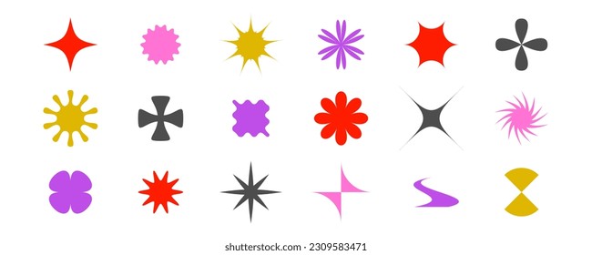 Colección de formas geométricas primitivas. Estrellas abstractas, flores, cruces, formas de ráfagas de sol al estilo suizo, bauhaus o memphis. Elementos brutales empacan para afiches, pancartas, collage. Conjunto de señales vectoriales. 