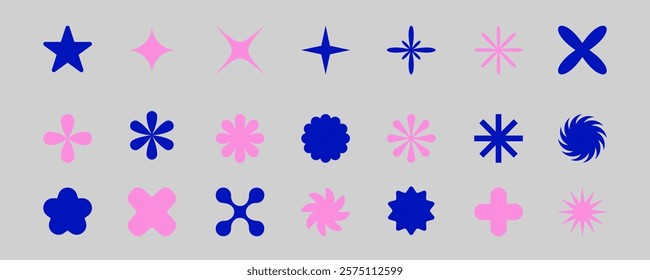 Primitive geometric forms in trendy style. Abstract stars and flowers shapes collection. Brutalist design elements pack for posters, banners,